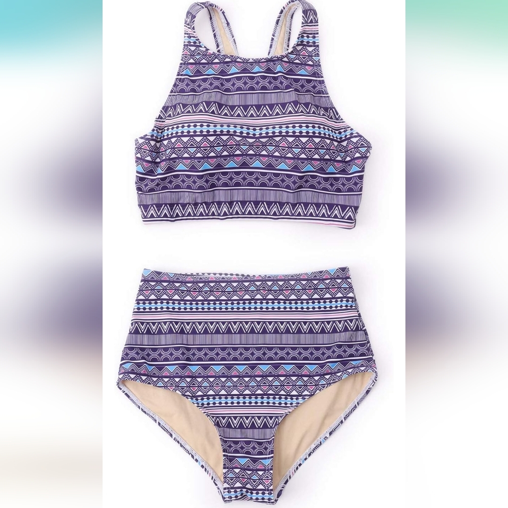 PLUS SIZE Purple Geometric High Waisted Bikini Set